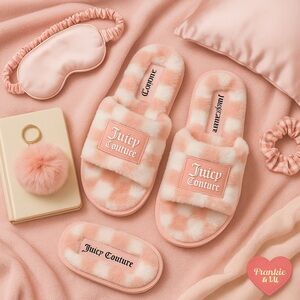 Juicy Couture Pink Gingham Faux Fur Slippers – Size M (8/9) – NWT